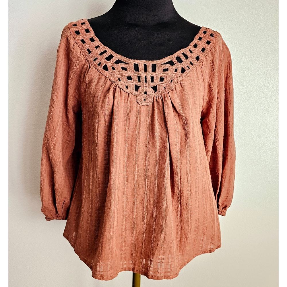 NWT MAX STUDIO Cotton Puffy Sleeves Crochet Neck Boho Blouse Top XS